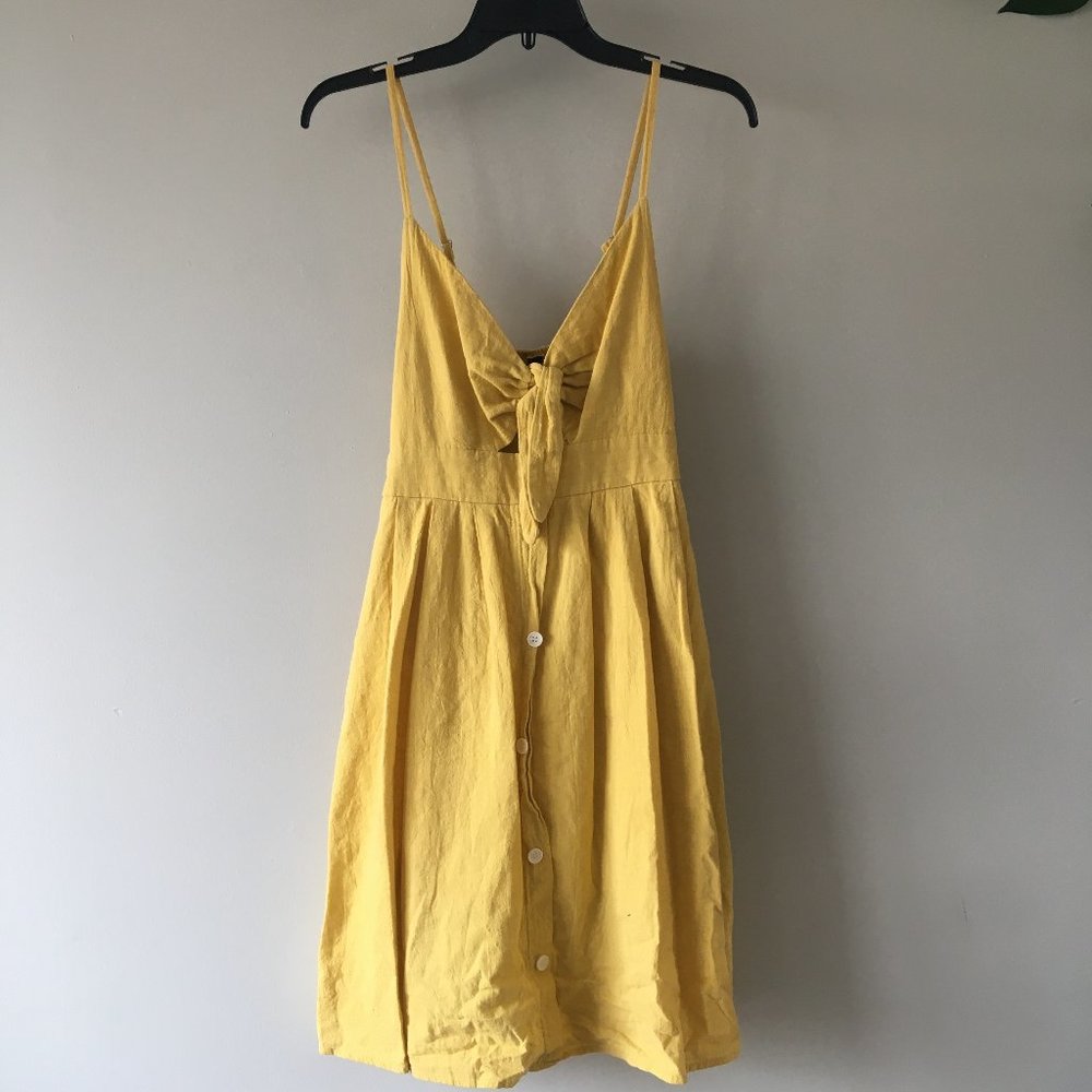 FANCYINN Yellow Tie Front Button Down Spaghetti Strap Midi Dress Summer